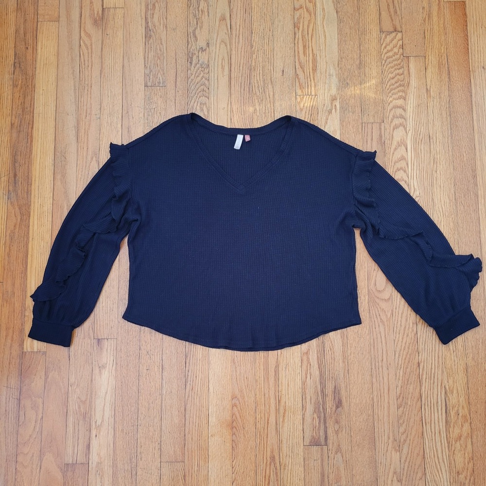 Pilcro XL Black Waffle‎ Knit Ruffle Trim V Neck Long Sleeve Top Winter Layering